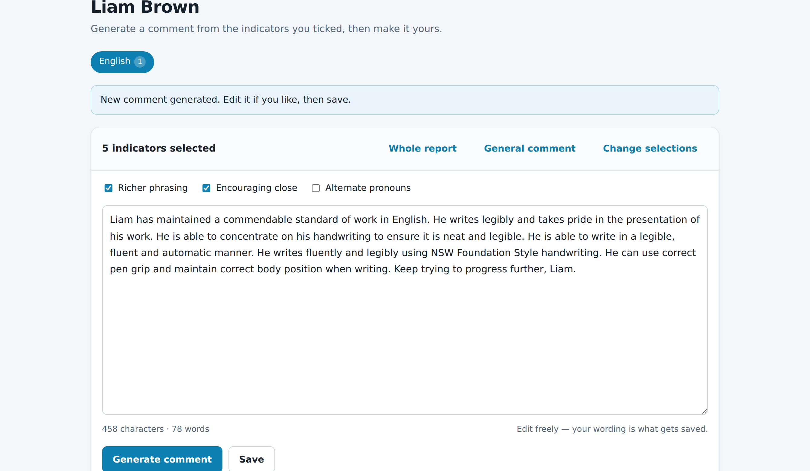 A generated report comment open in the editor, ready to edit and save